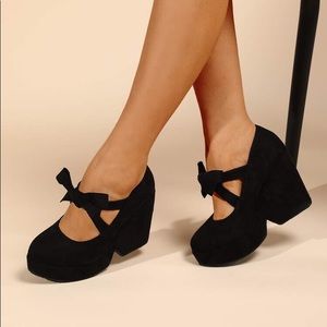 Women's Black Platform Mary Jane with Bow Wedges Shoes Heels Pumps Suede - New!
